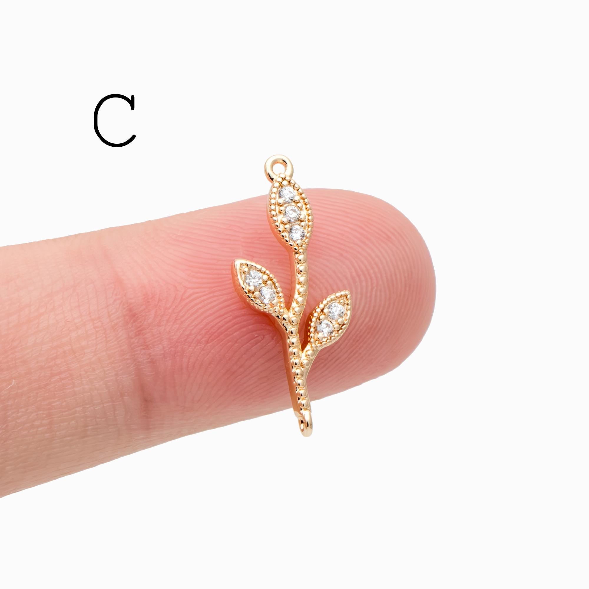 10pcs CZ pave Gold Leaf Charm Connectors , 18K Gold plated Brass Branch Pendants (GB-3145)